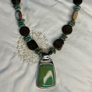 Vintage Barse Turquoise, wood and Brown Mixed-Stone Pendant Necklace.